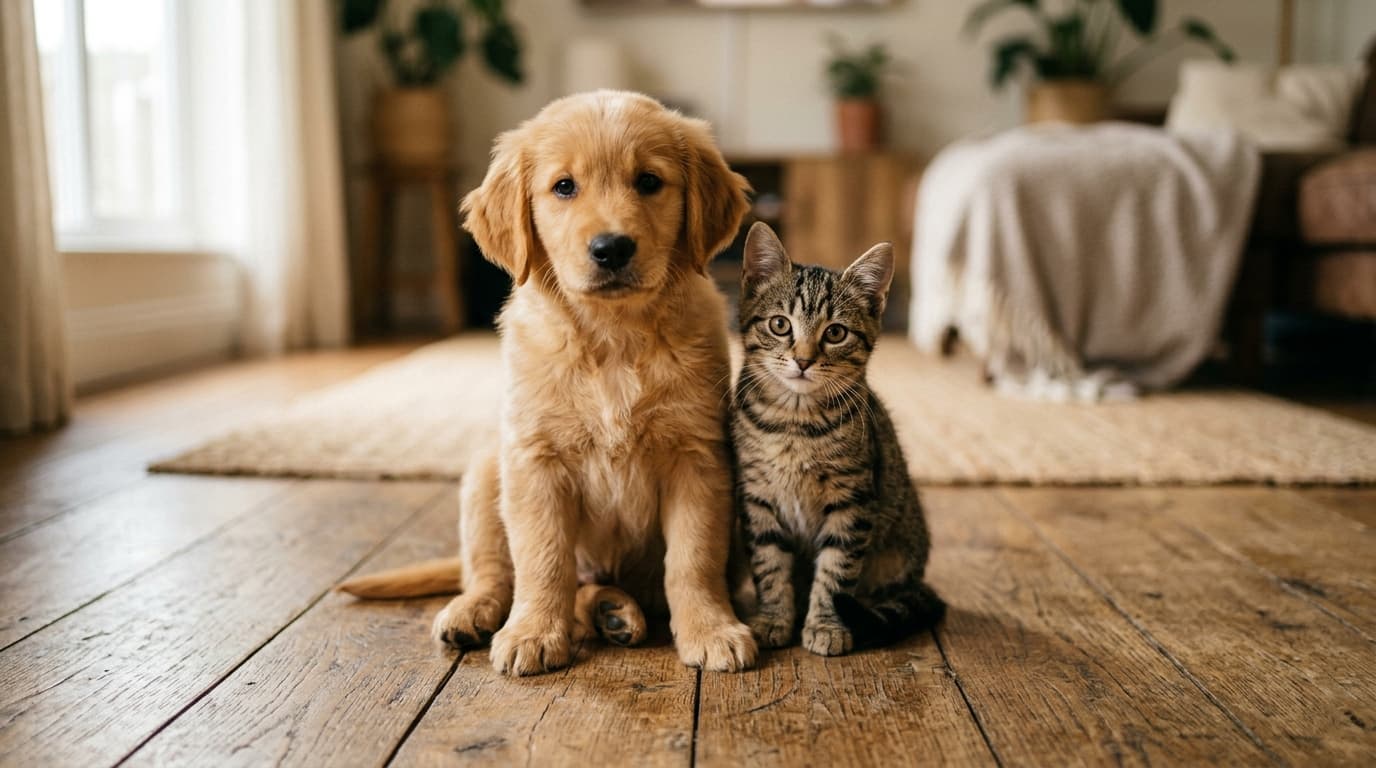 Happy golden retriever puppy and tabby kitten